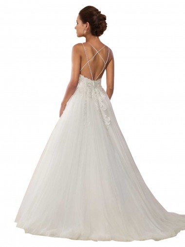 Marfim Vestido de Baile Alças finas Comboio Capela Tule & Renda Longo Vestidos de Noiva