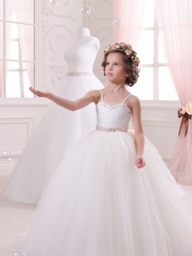 Marfim Vestido de Baile Amor Comboio Capela Tule Longo Vestidos para meninas de flores