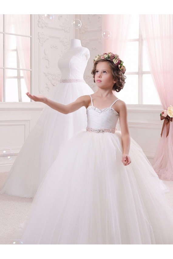 Marfim Vestido de Baile Amor Comboio Capela Tule Longo Vestidos para meninas de flores Acessíveis