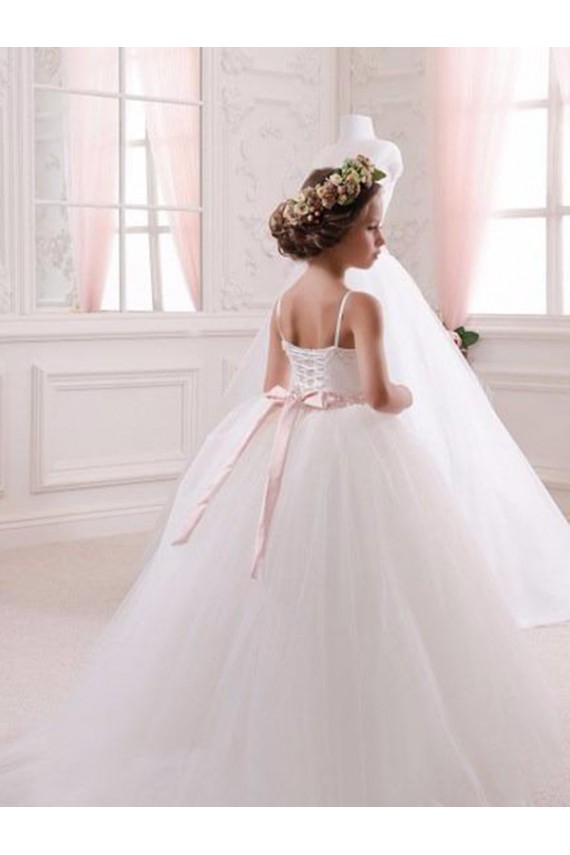 Marfim Vestido de Baile Amor Comboio Capela Tule Longo Vestidos para meninas de flores Acessíveis