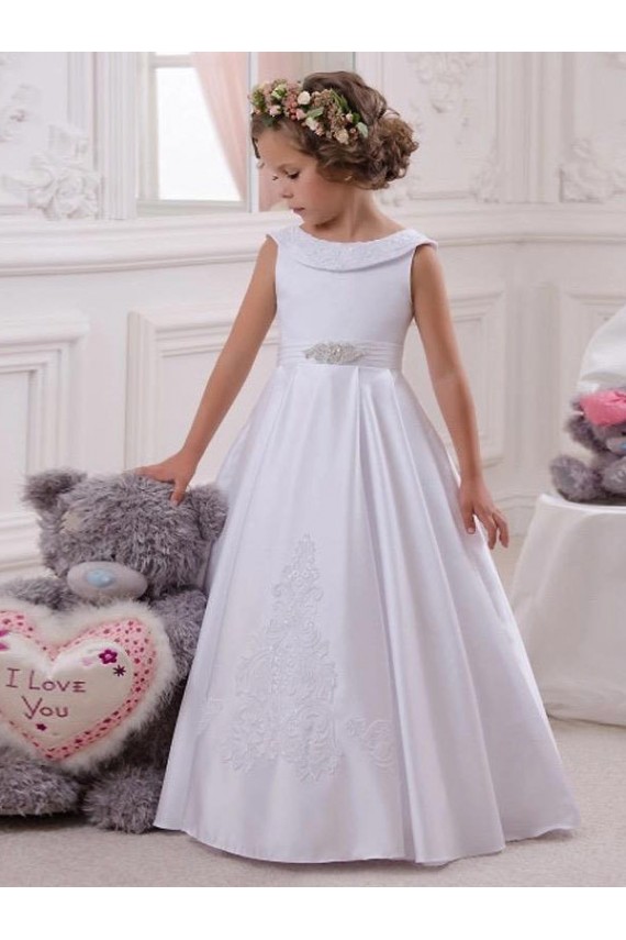 Marfim Vestido de Baile Barco Cetim & Renda Longo Vestidos para meninas de flores Acessíveis