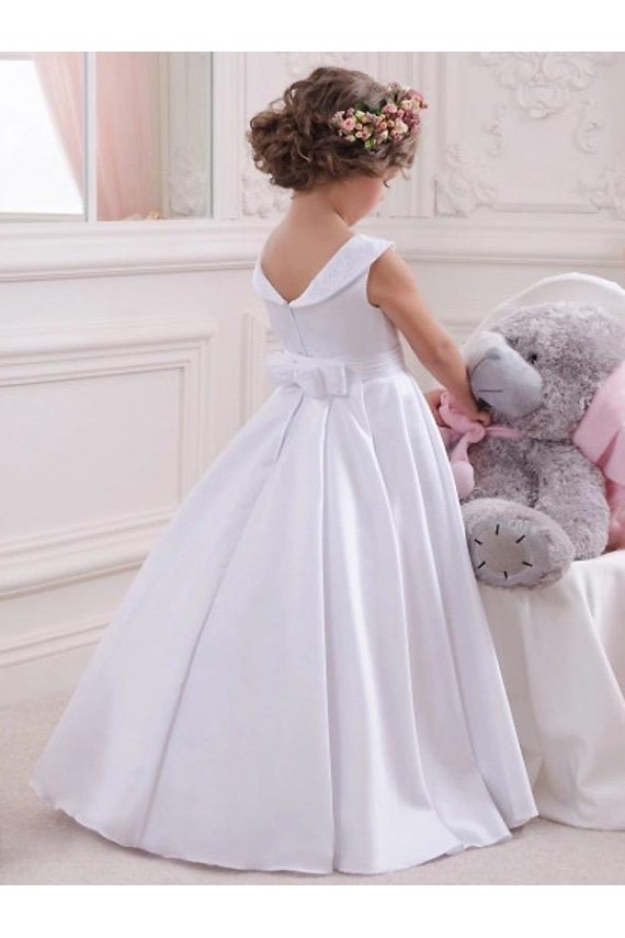 Marfim Vestido de Baile Barco Cetim & Renda Longo Vestidos para meninas de flores Acessíveis