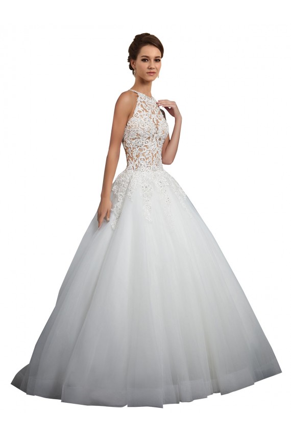 Marfim Vestido de Baile Decote Alto Comboio Capela Tule & Renda Longo Vestidos de Noiva Acessíveis