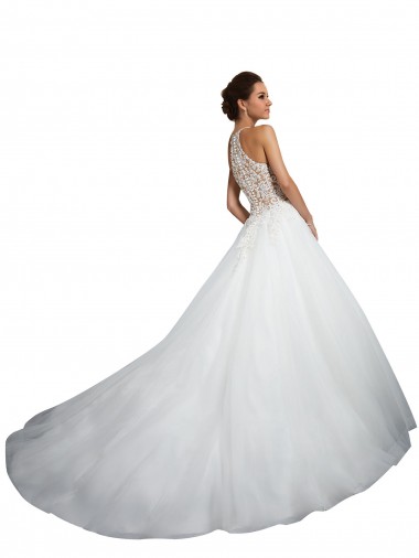 Marfim Vestido de Baile Decote Alto Comboio Capela Tule & Renda Longo Vestidos de Noiva