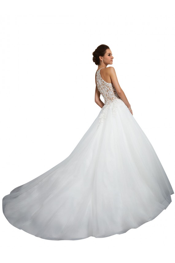 Marfim Vestido de Baile Decote Alto Comboio Capela Tule & Renda Longo Vestidos de Noiva Acessíveis