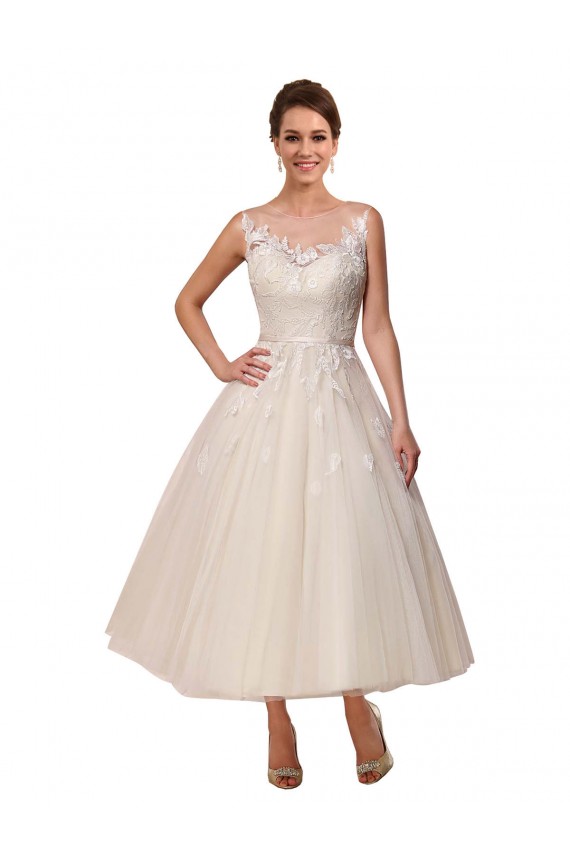 Marfim Vestido de Baile Decote Ilusão Comprimento Chá Tule & Renda Curto Vestidos de Noiva Acessíveis