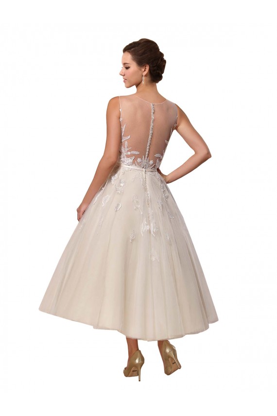 Marfim Vestido de Baile Decote Ilusão Comprimento Chá Tule & Renda Curto Vestidos de Noiva Acessíveis