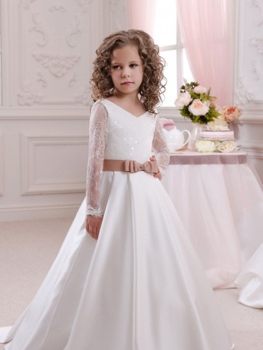 Marfim Vestido de Baile Decote V Comboio Capela Cetim & Renda Longo Vestidos para meninas de flores