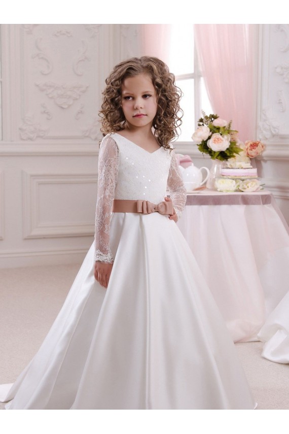 Marfim Vestido de Baile Decote V Comboio Capela Cetim & Renda Longo Vestidos para meninas de flores Acessíveis