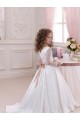 Marfim Vestido de Baile Decote V Comboio Capela Cetim & Renda Longo Vestidos para meninas de flores Acessíveis