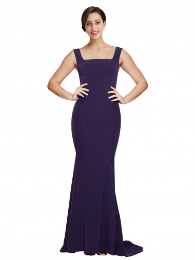 Marinha Negra Bainha Decote Quadrado Comboio Varredela Crepe Esticado Longo Vestidos de Madrinha / Vestidos de Festa