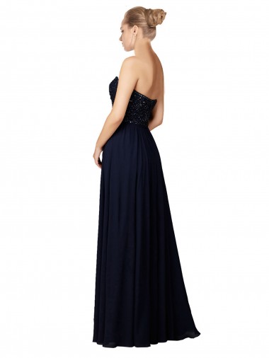 Marinha Negra Chiffon Bainha Sem Mangas Amor Longo Vestidos de Madrinha