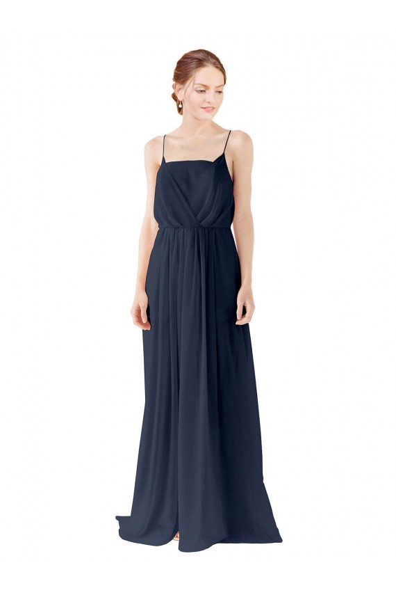 Marinha Negra Chiffon Linha A Abrir de volta Alças finas Longo Vestidos de Madrinha Acessíveis