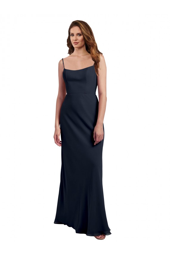 Marinha Negra Chiffon Linha A Abrir de volta Colher Longo Vestidos de Madrinha Acessíveis
