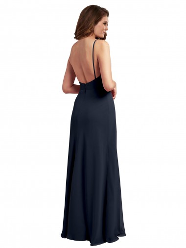 Marinha Negra Chiffon Linha A Abrir de volta Colher Longo Vestidos de Madrinha