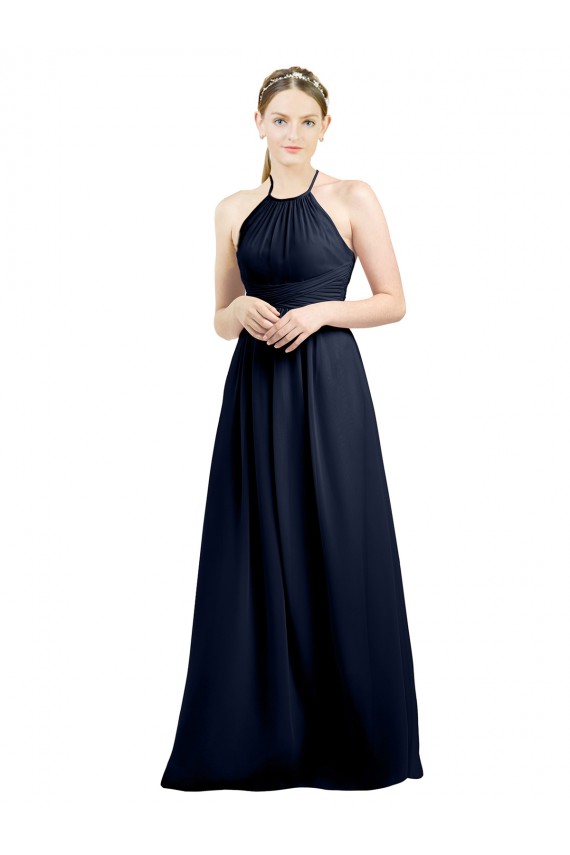 Marinha Negra Chiffon Linha A Abrir de volta Decote Alto Longo Vestidos de Madrinha Acessíveis