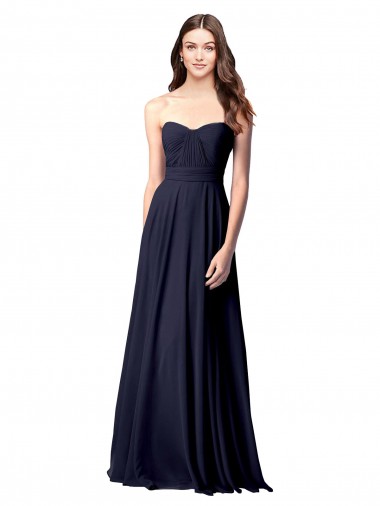 Marinha Negra Chiffon Linha A Abrir de volta Sem alças Longo Vestidos de Madrinha