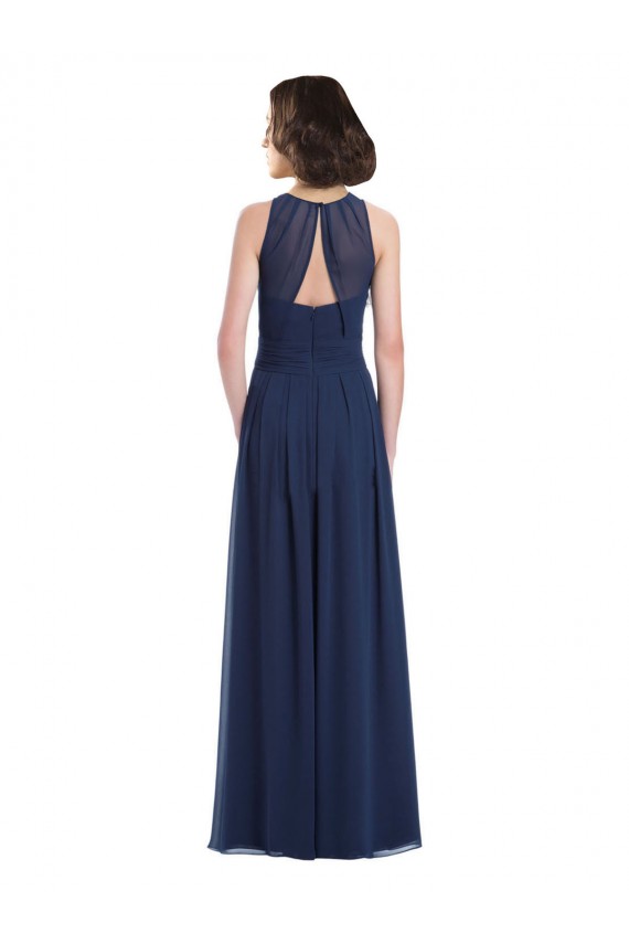 Marinha Negra Chiffon Linha A Buraco da fechadura Cabeçada Longo Vestidos de Madrinha Acessíveis