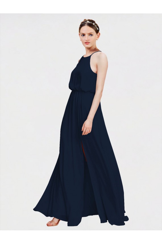Marinha Negra Chiffon Linha A Cabeçada Longo Vestidos de Madrinha Acessíveis