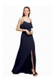 Marinha Negra Chiffon Linha A Costas em V Colher Longo Vestidos de Madrinha Acessíveis