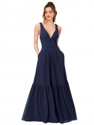 Marinha Negra Chiffon Linha A Costas em V Decote V Longo Vestidos de Madrinha