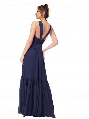 Marinha Negra Chiffon Linha A Costas em V Decote V Longo Vestidos de Madrinha