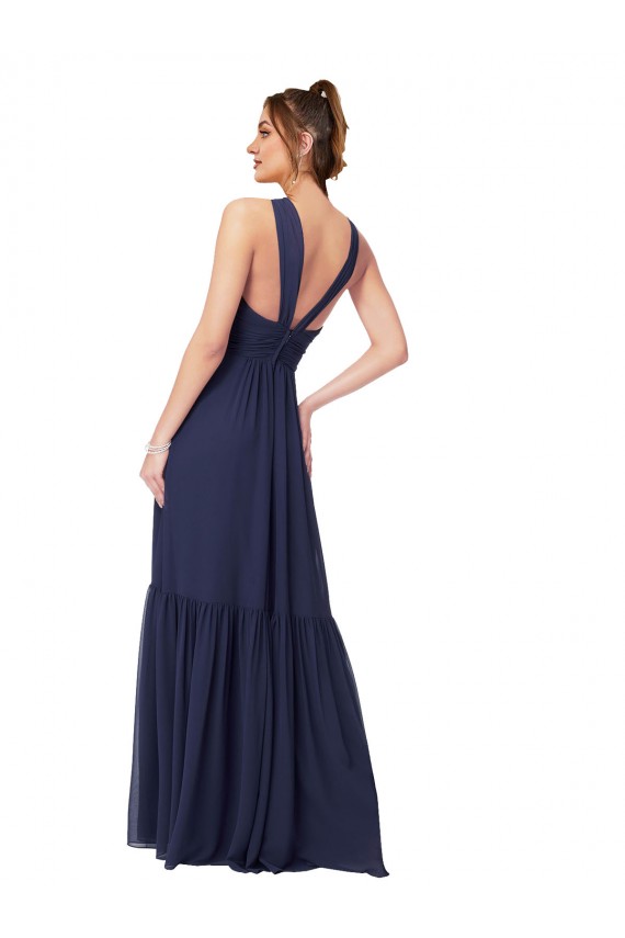 Marinha Negra Chiffon Linha A Costas em V Decote V Longo Vestidos de Madrinha Acessíveis