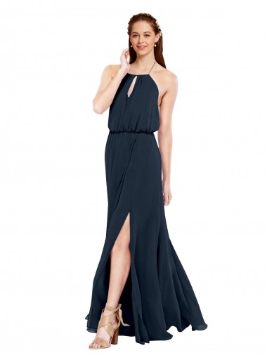 Marinha Negra Chiffon Linha A Criss Cruz Cabeçada Longo Vestidos de Madrinha