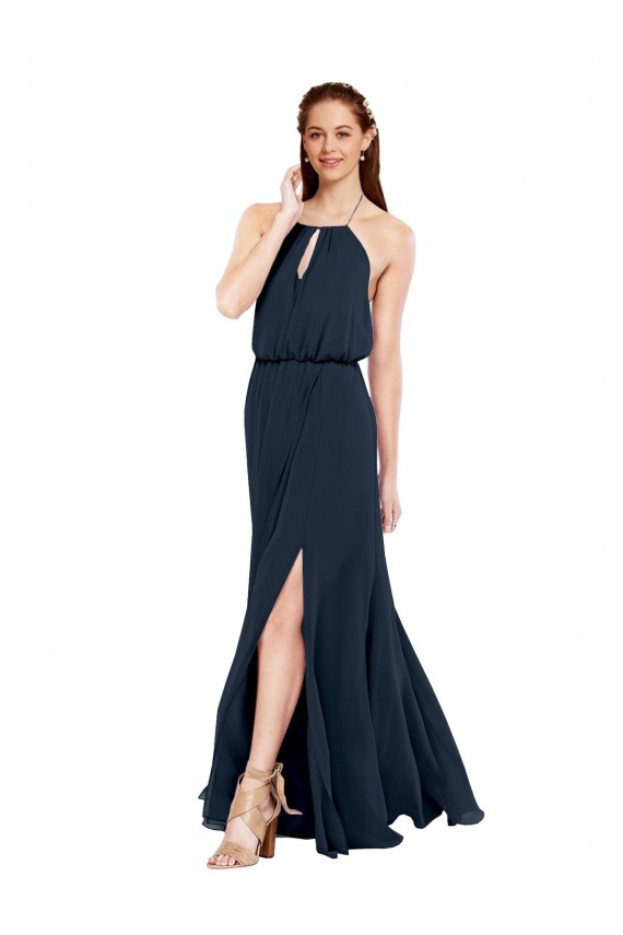 Marinha Negra Chiffon Linha A Criss Cruz Cabeçada Longo Vestidos de Madrinha Acessíveis