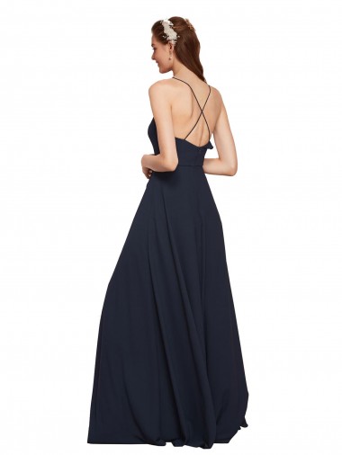Marinha Negra Chiffon Linha A Criss Cruz Decote V Longo Vestidos de Madrinha