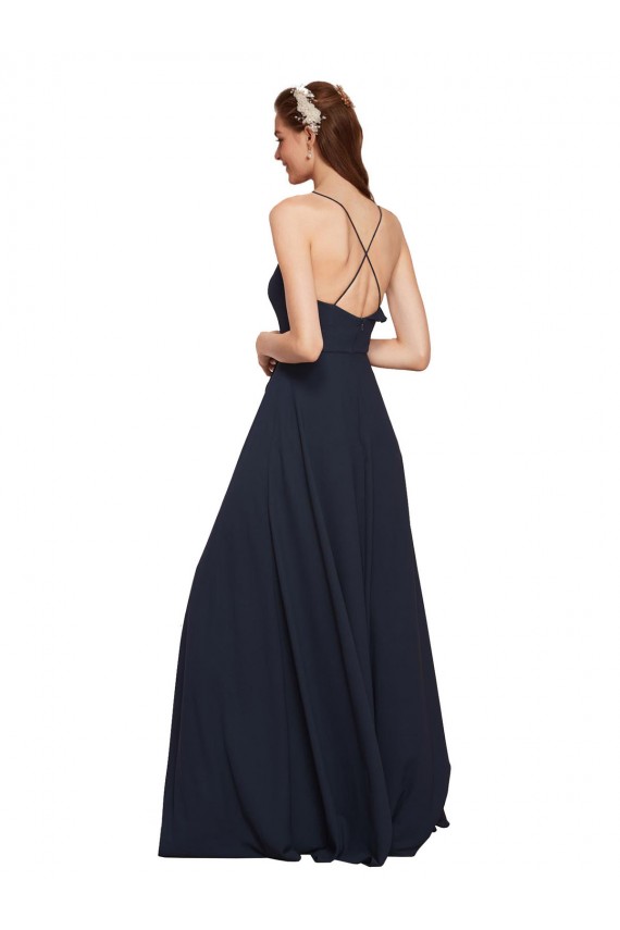 Marinha Negra Chiffon Linha A Criss Cruz Decote V Longo Vestidos de Madrinha Acessíveis
