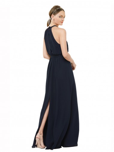 Marinha Negra Chiffon Linha A Decote Alto Longo Vestidos de Madrinha
