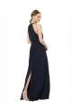Marinha Negra Chiffon Linha A Decote Alto Longo Vestidos de Madrinha Acessíveis