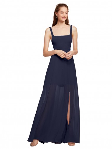 Marinha Negra Chiffon Linha A Decote Quadrado Longo Vestidos de Madrinha
