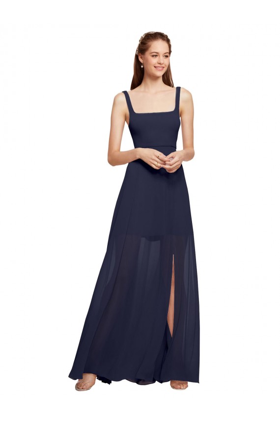 Marinha Negra Chiffon Linha A Decote Quadrado Longo Vestidos de Madrinha Acessíveis