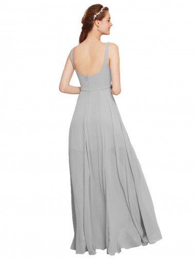 Marinha Negra Chiffon Linha A Decote Quadrado Longo Vestidos de Madrinha
