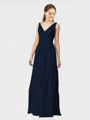 Marinha Negra Chiffon Linha A Decote V Longo Vestidos de Madrinha
