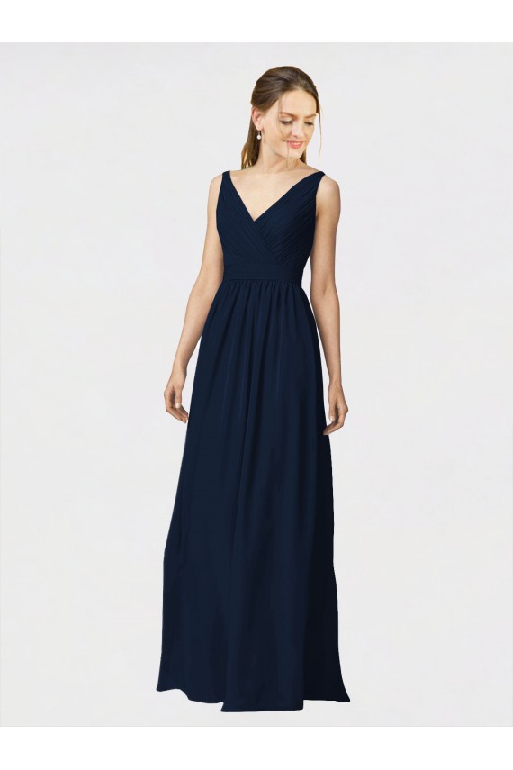 Marinha Negra Chiffon Linha A Decote V Longo Vestidos de Madrinha Acessíveis