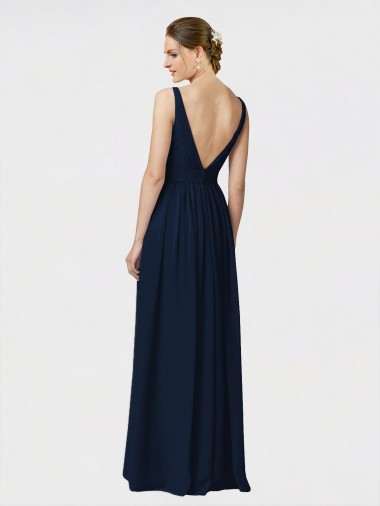 Marinha Negra Chiffon Linha A Decote V Longo Vestidos de Madrinha