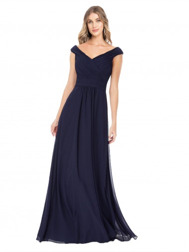 Marinha Negra Chiffon Linha A Fora do Ombro Longo Vestidos de Madrinha