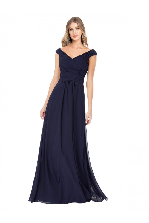 Marinha Negra Chiffon Linha A Fora do Ombro Longo Vestidos de Madrinha Acessíveis