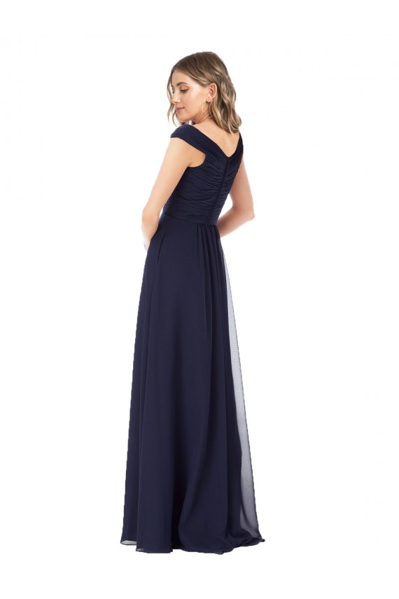Marinha Negra Chiffon Linha A Fora do Ombro Longo Vestidos de Madrinha Acessíveis