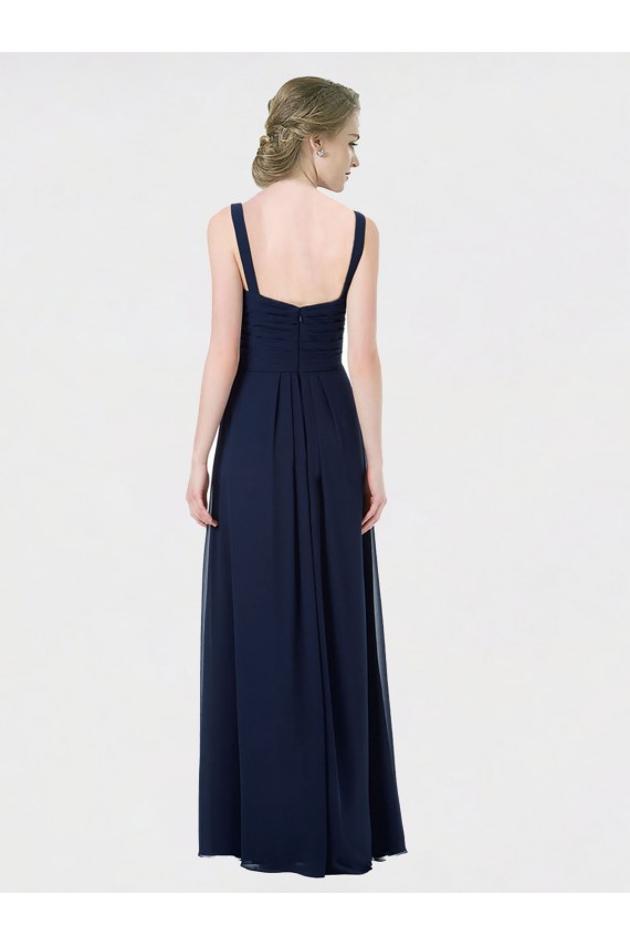 Marinha Negra Chiffon Linha A Lombar Amor Longo Vestidos de Madrinha Acessíveis
