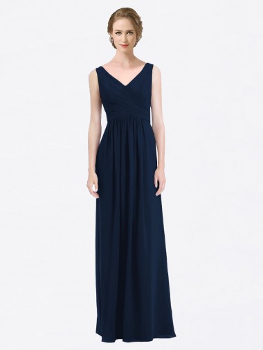 Marinha Negra Chiffon Linha A Lombar Decote V Longo Vestidos de Madrinha