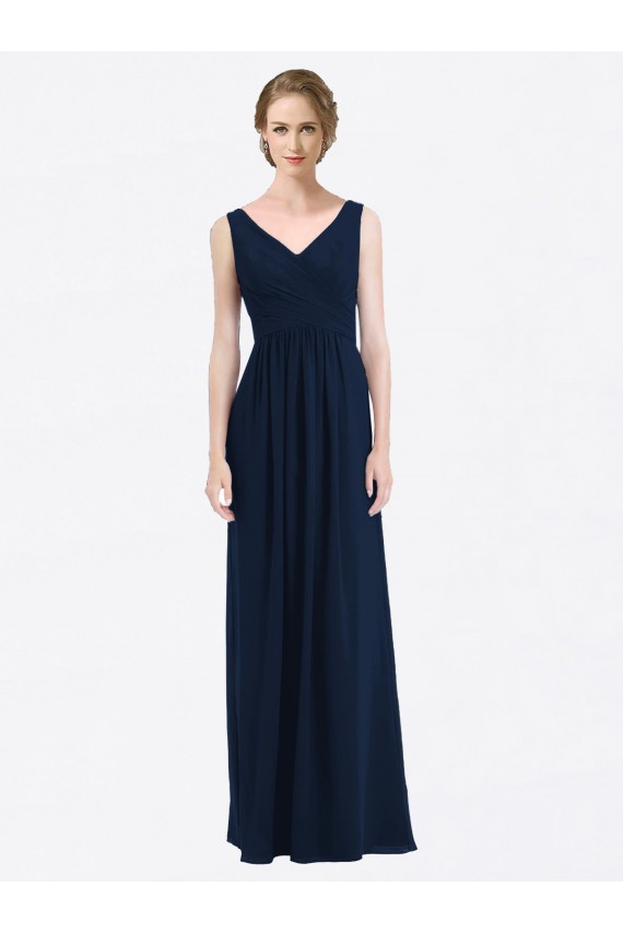 Marinha Negra Chiffon Linha A Lombar Decote V Longo Vestidos de Madrinha Acessíveis