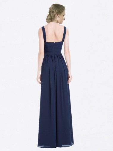 Marinha Negra Chiffon Linha A Lombar Decote V Longo Vestidos de Madrinha