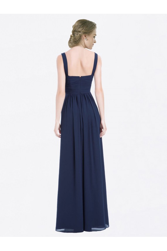 Marinha Negra Chiffon Linha A Lombar Decote V Longo Vestidos de Madrinha Acessíveis