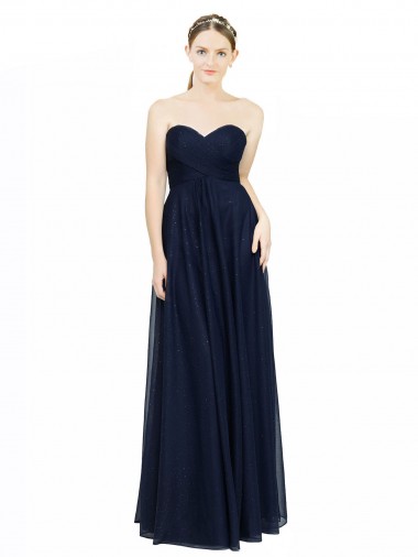 Marinha Negra Chiffon Linha A Lombar Sem alças Longo Vestidos de Madrinha