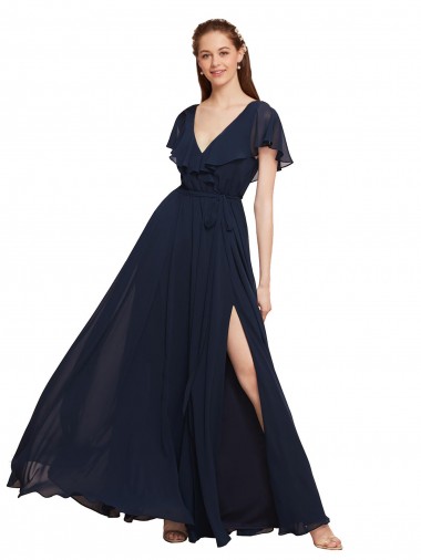 Marinha Negra Chiffon Linha A Mangas Curtas Decote V Longo Vestidos de Madrinha