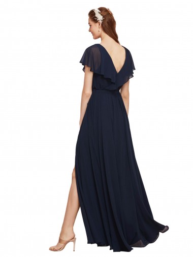 Marinha Negra Chiffon Linha A Mangas Curtas Decote V Longo Vestidos de Madrinha